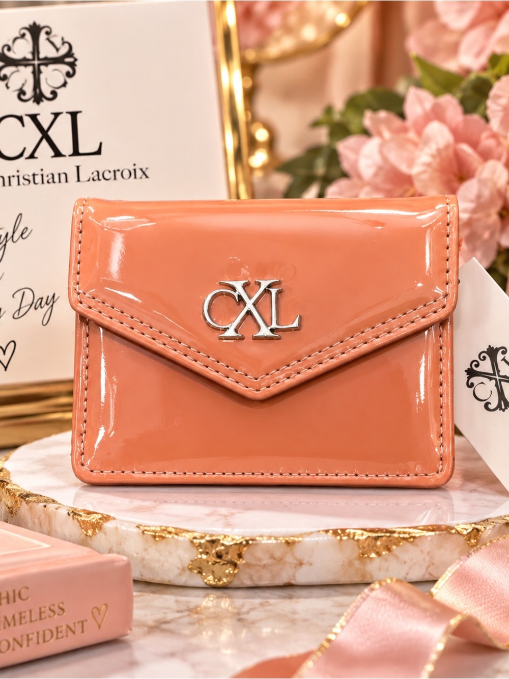 Christian Lacroix CXL Glossy Tango Peach Patent Card Holder Wallet NWT